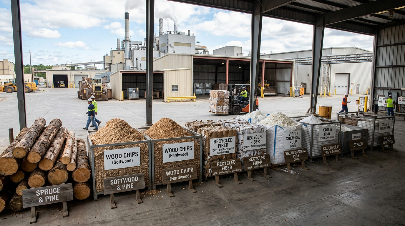 Stacks of spruce and pine logs, bins of wood chips, recycled fiber, virgin chemical pulp, kaolin clay, starch, and dyes at paper mill